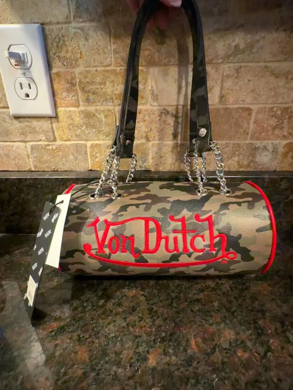 Von Dutch Camo Barrel Bag with Red Logo